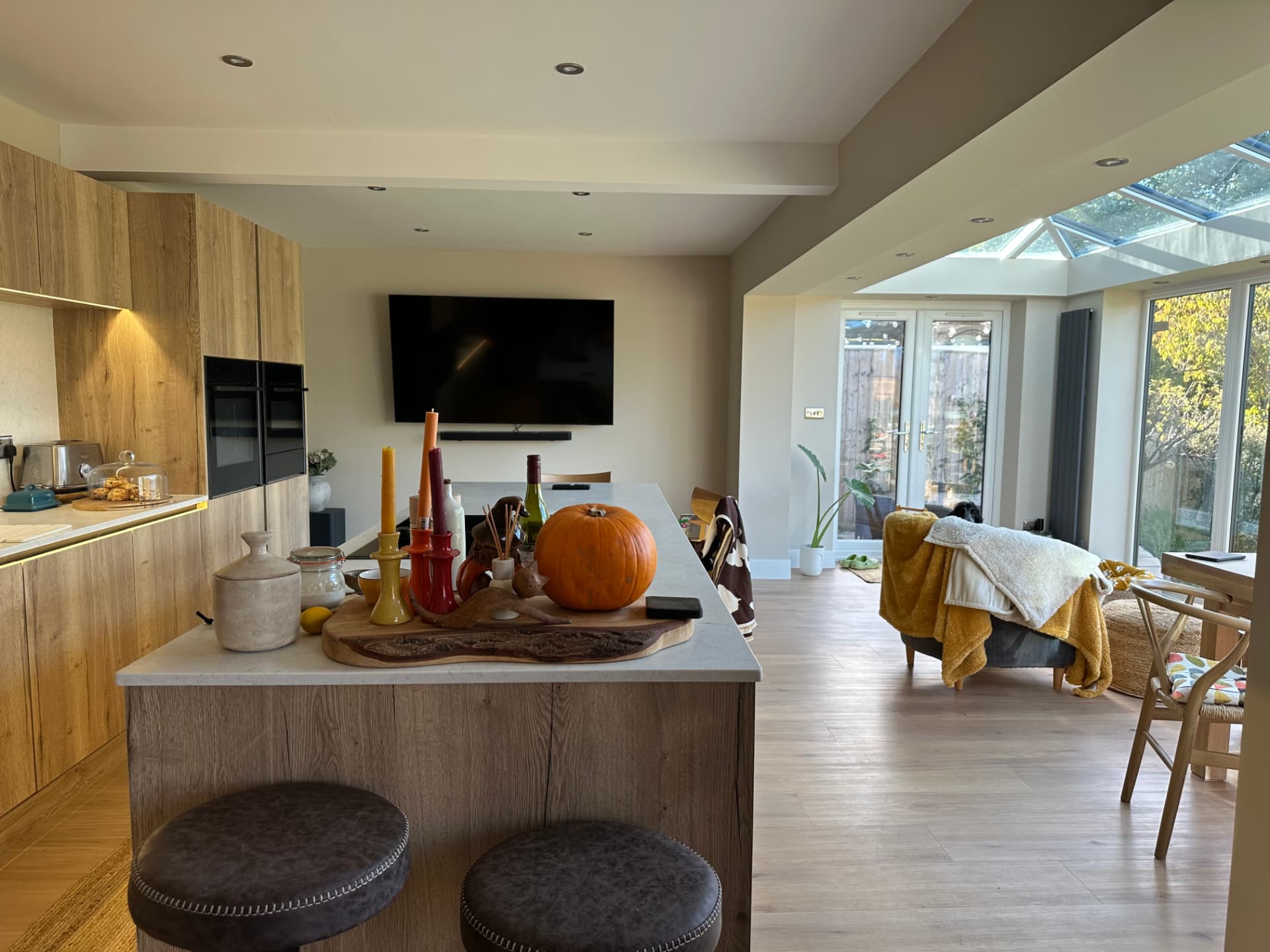 Kitchen island looking through to the new garden room