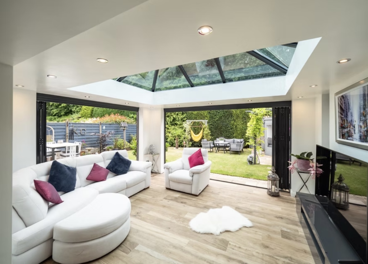 Open-plan living space beneath the glass roof lantern, Whitley Bay