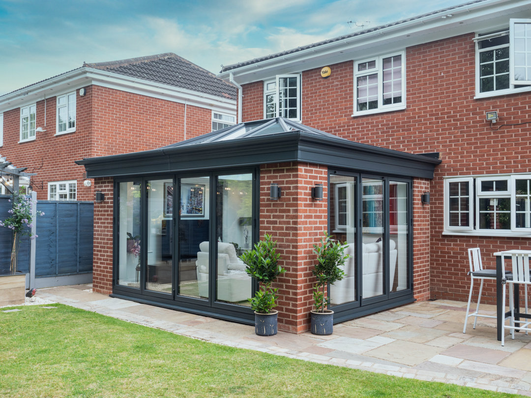 Modern brick orangery with anthracite frames and bi-folding doors in Whitley Bay