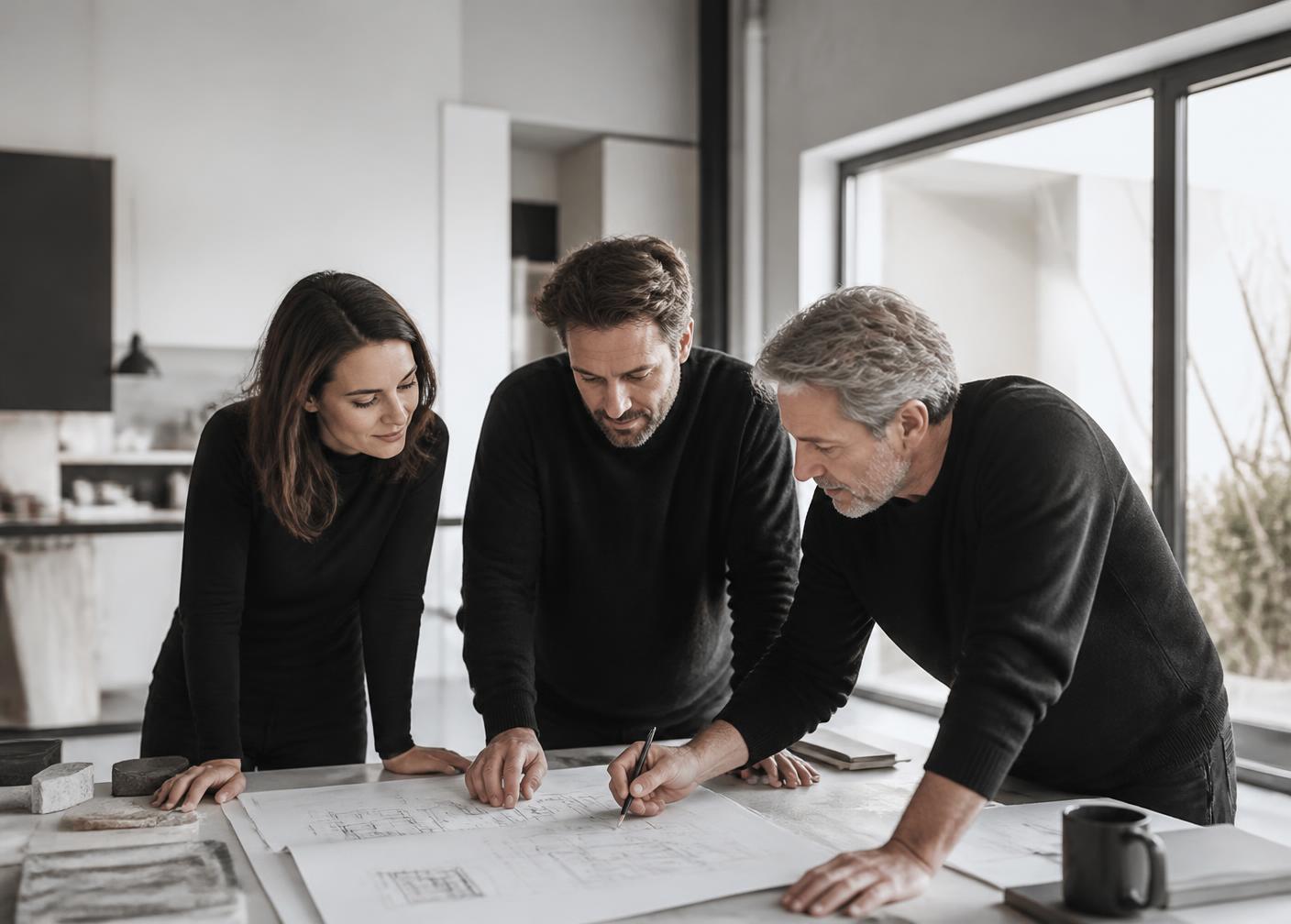 Alpine Extensions design team reviewing architectural drawings in their studio