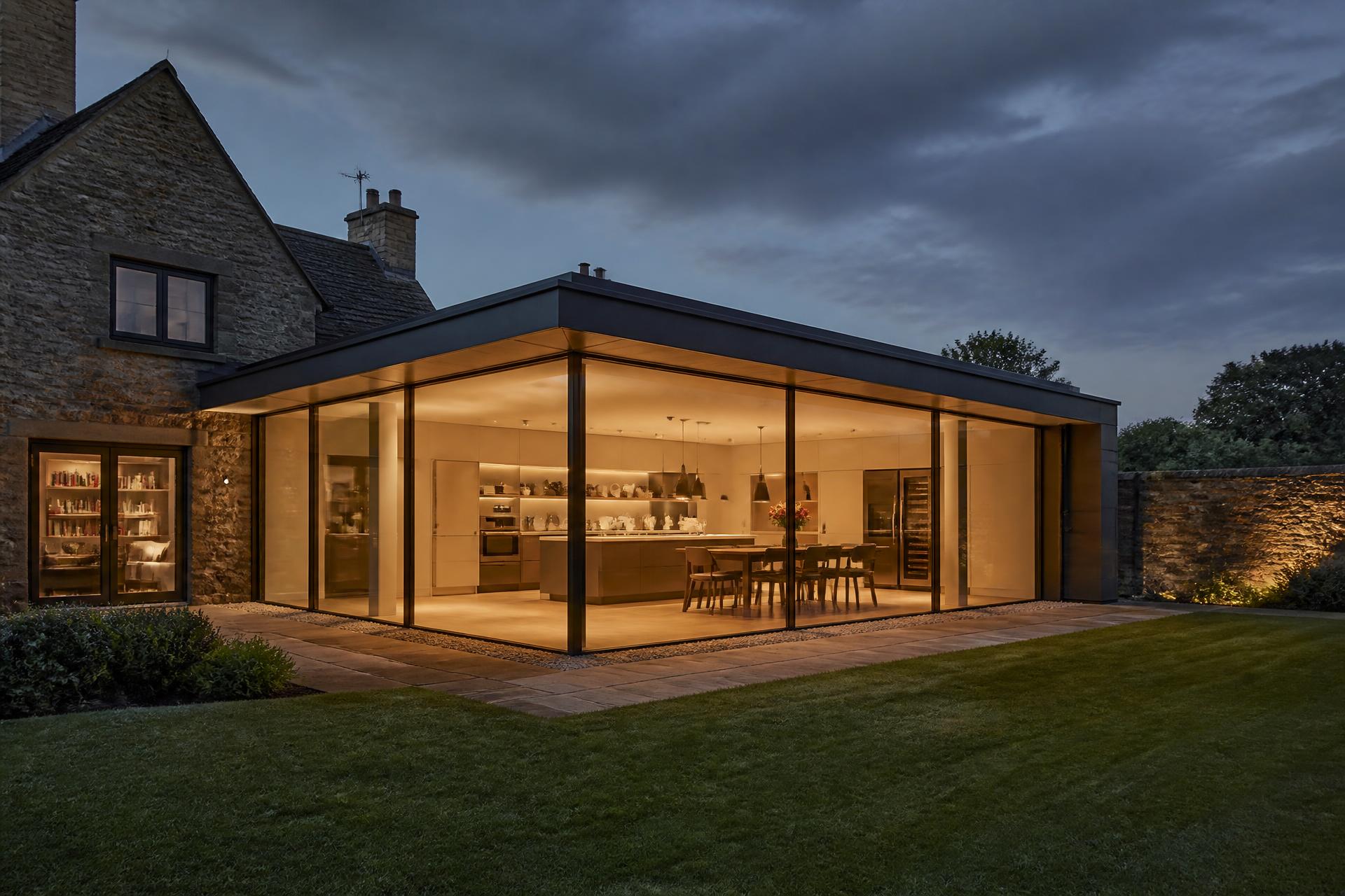 Glazed rear extension at dusk