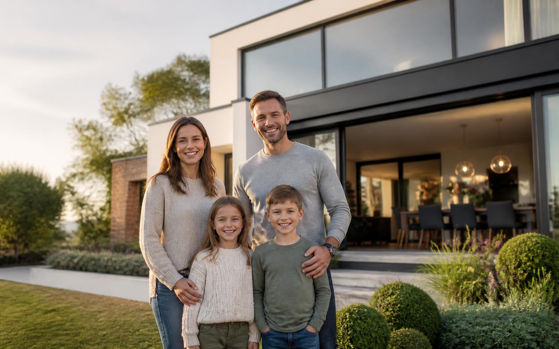 A happy family standing in the garden outside their completed Alpine Extensions home extension